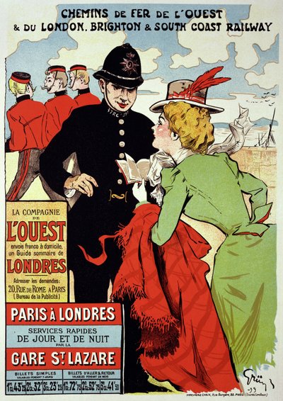 Riproduzione di un poster pubblicitario per i treni da Parigi a Londra, 1899 da Jules Alexandre Gruen or Grun